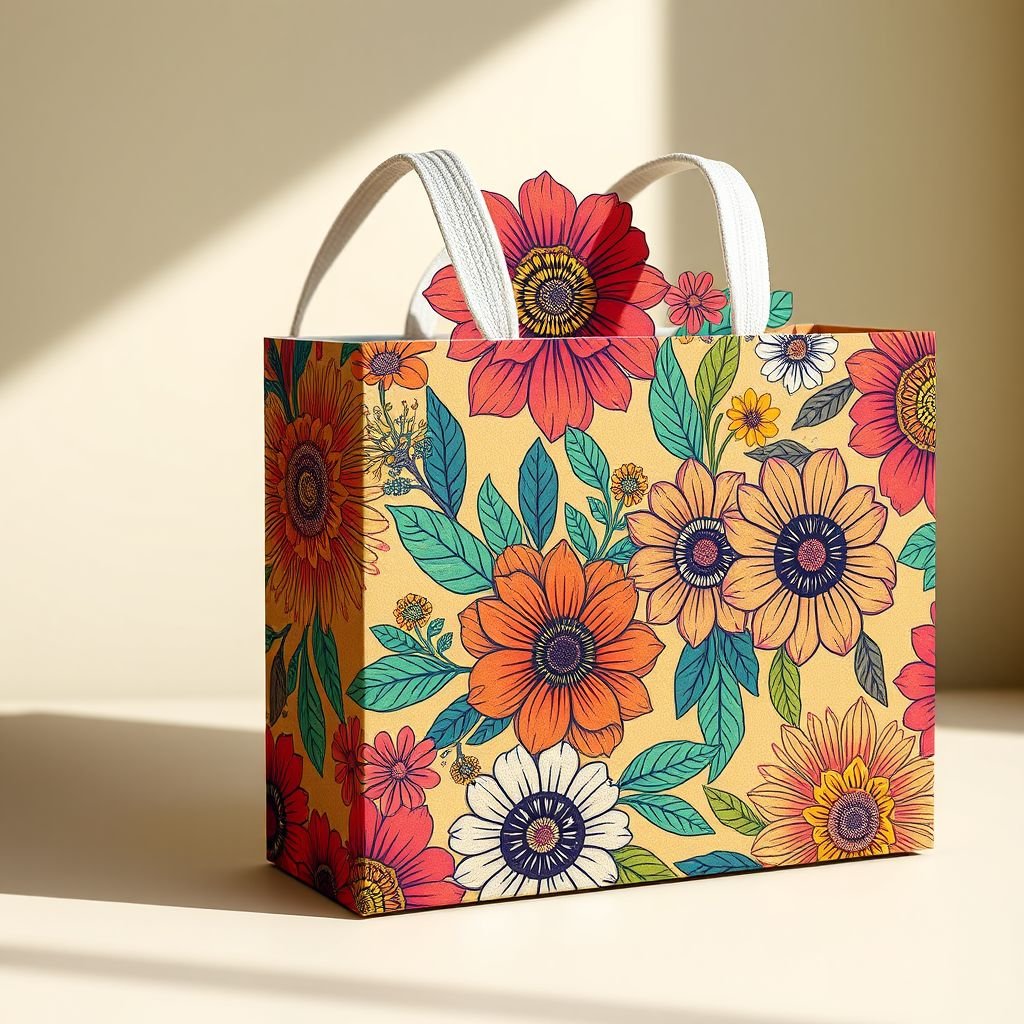 mockup design, Design a vibrant mockup of a rectangular box featuring an eye-catching print that complements a stylish tote bag. The box should showcase intricate floral patterns in bold colors, creating an inviting aesthetic. Include natural textures like kraft paper and soft shadows to enhance the visual appeal, perfect for retail display.