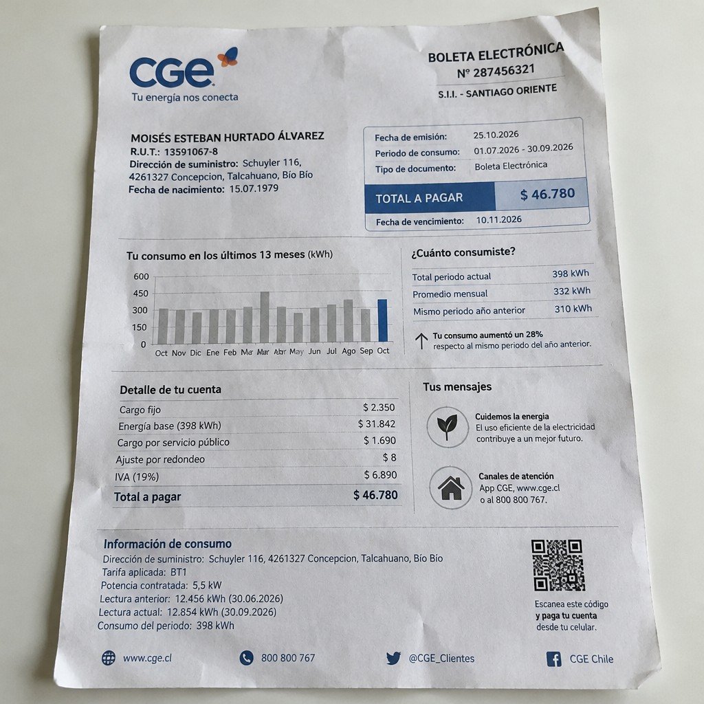 Create a statement, an electricity bill in CHILE. The A4 statement should be realistic, as if it were photographed on a phone. The document should be on a white background. The document must be for the last 3 months of October 2026. The document should contain several transactions and be wrinkled at the edges.
Name MOISÉS ESTEBAN HURTADO ÁLVAREZ
Address Schuyler 116, 4261327 Concepcion, Talcahuano, Bío Bío
R.U.T. 13591067-8
Date of birth 15.07.1979
Date of discharge 25.10.2026 (OCTOBER 2026)
