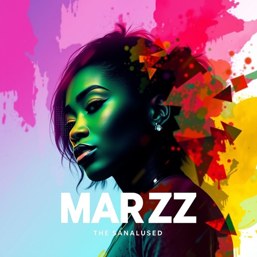 mockup design, Design a vibrant mockup album cover for R&B singer Marzz that captures her soulful essence. Incorporate colorful abstract elements inspired by her music, with a striking portrait of Marzz blending into the background. Use modern typography for her name and album title, fostering a connection to her artistic identity and emotional depth.