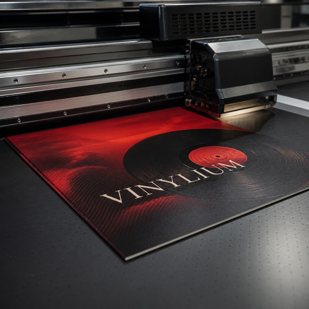 Ultra-realistic professional industrial photography of a modern large-format flatbed printer actively printing a premium paper sleeve for a vinyl record. The vinyl record sleeve is partially under the printer's print head, clearly showing the printing process in progress.
The printed vinyl record sleeve has a sophisticated black and deep red color design, with rich dark red gradients, black areas and subtle graphic elements. The word "VINYLIUM" is clearly and correctly printed on the sleeve in large elegant typography, perfectly readable, with no spelling errors.
Modern professional print production workshop, high-end commercial printing equipment, realistic inkjet printing process, visible print head and printing mechanism, clean industrial environment, premium professional atmosphere.
Close-up cinematic composition, the vinyl sleeve is the main subject, printer visible in the background and around the sleeve. Realistic paper texture, sharp details, realistic ink, subtle reflections on the printer, natural industrial lighting, dramatic but clean lighting, black and red visual identity.
Premium advertising photography for a professional vinyl record manufacturing website, photorealistic, high-end commercial photography, realistic proportions, realistic machinery, shallow depth of field, 35mm lens, high detail, crisp focus on the printed sleeve.
Landscape composition, suitable for a website hero/banner section, plenty of visual space, no people, no hands, no extra text, no logos except "VINYLIUM".