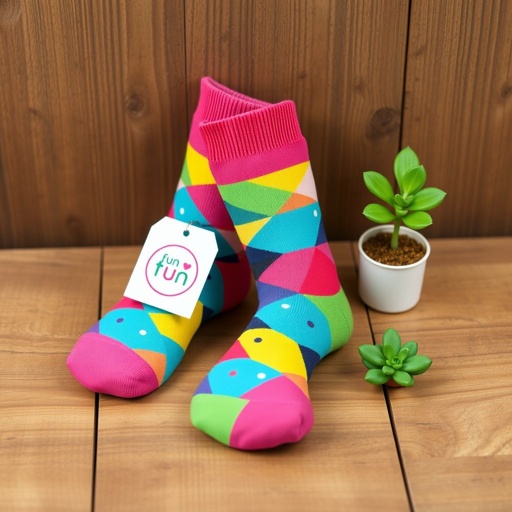 mockup design, Design a playful sock mockup featuring vibrant geometric patterns and colors, blending styles like polka dots and stripes. The socks should be displayed on a wooden surface with a creative touch, such as a miniature plant beside them. Incorporate a tag showcasing a fun brand logo for added flair.