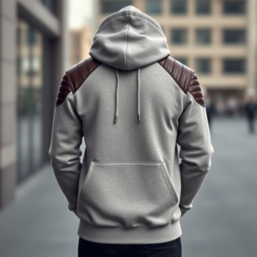 mockup design, Create a stylish mockup design of a hoodie that features luxurious leather accents on the shoulders, offering a modern twist to a classic silhouette. The hoodie should include a spacious kangaroo pocket, perfect for practicality. Use a muted color palette and showcase it in an urban setting for added context.