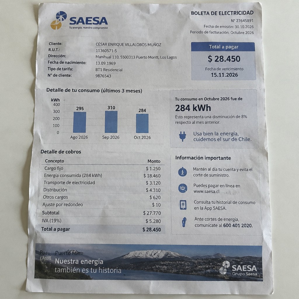 Create a statement, an electricity bill in CHILE. The A4 statement should be realistic, as if it were photographed on a phone. The document should be on a white background. The document must be for the last 3 months of October 2026. The document should contain several transactions and be wrinkled at the edges.
Name CÉSAR ENRIQUE VILLALOBOS MUÑOZ
Address Manihual 110, 5500313 Puerto Montt, Los Lagos
R.U.T. 11360571-5
Date of birth 13.09.1969
Date of discharge 30.10.2026 (OCTOBER 2026)
