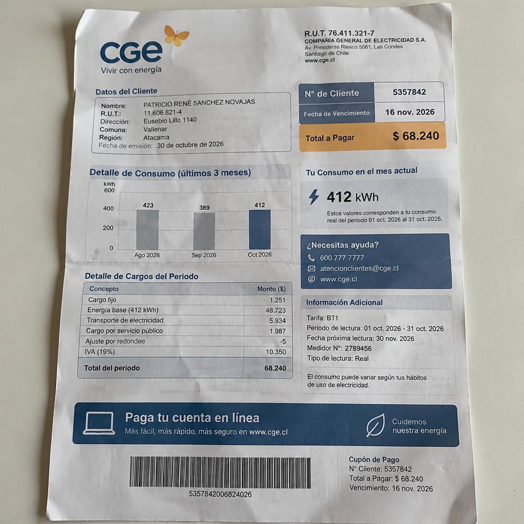 Create a statement, an electricity bill in CHILE. The A4 statement should be realistic, as if it were photographed on a phone. The document should be on a white background. The document must be for the last 3 months of October 2026. The document should contain several transactions and be wrinkled at the edges.
Name PATRICIO RENÉ SANCHEZ NOVAJAS
Address Eusebio Lillo 1140, 1611064 Vallenar, Atacama
R.U.T. 11606821-4
Date of birth 15.12.1968