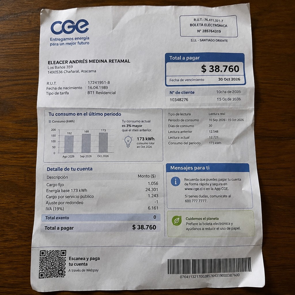 Create a statement, an electricity bill in CHILE. The A4 statement should be realistic, as if it were photographed on a phone. The document should be on a white background. The document must be for the last 3 months of October 2026. The document should contain several transactions and be wrinkled at the edges.
Name ELEACER ANDRÉS MEDINA RETAMAL
Address Los Baños 359, 1490536 Chañaral, Atacama
R.U.T. 17241951-8
Date of birth 16.04.1989