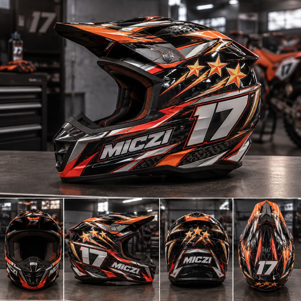 A motocross helmet Create an aggressive, colorful motocross helmet design inspired by MotoGP racing aesthetics. The helmet must feature exactly **3 shooting stars**, a large racing number **17**, and the word **MICZI”**. Use dynamic racing lines, sharp shapes, speed effects, and metallic details. Combine vibrant colors with black accents to create a professional, eye-catching design that stands out on the track. Add subtle chrome effects, gradients, and geometric patterns. Distribute all elements creatively across the sides, top, and back of the helmet. **Do not include Monster Energy logos or unnecessary text.** Keep the number 17 and the word KOSZYK clear, bold, and readable. Show a realistic preview of the finished motocross helmet from the front, both sides, and the back, preserving the shape and proportions of a real motocross helmet.