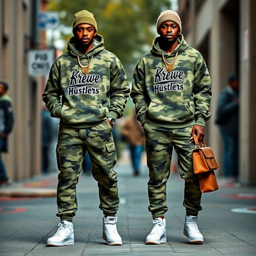 mockup design, Create a vibrant mockup featuring a stylish black African American couple confidently showcasing a camouflage jogger set and hoodie, complemented by a matching camouflage scarf and beanie. Each piece is embroidered with the 'Krewe Of Hustlers' logo in black with a white outline. Their look is completed with white Air Force Ones, trendy accessories like Timberland boots, stylish hats, bold chains, and chic bags, all exuding a modern urban vibe. The background should reflect a dynamic street scene, emphasizing their fashion-forward attitude.