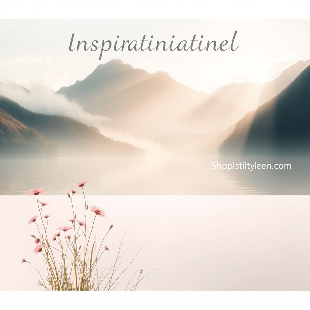 Poster mockup showcasing inspirational themes, featuring serene landscapes with misty mountains, delicate wildflowers swaying in a gentle breeze, warm sunbeams casting soft shadows, and tranquil waters reflecting pastel skies. Muted colors dominate the palette: soft pinks, calm blues, earthy greens, and gentle grays harmonizing to evoke a sense of peace and motivation.