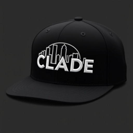 mockup design, Design a sleek black hat featuring the CLADE brand name prominently displayed in a bold, contemporary font. The skyline, intricately embroidered in all-white thread, elegantly arches behind the brand name, symbolizing urban sophistication. The hat should have a modern snapback style, appealing to a trendy, city-dwelling audience.
