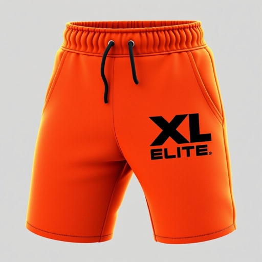 mockup design, Design a pair of cozy fleece shorts featuring a sleek and modern cut, perfect for both lounging and workouts. Incorporate the "XL Elite" logo prominently on the left thigh in a contrasting color. The shorts should showcase a comfortable elastic waistband, side pockets, and a vibrant color palette that appeals to active lifestyles.