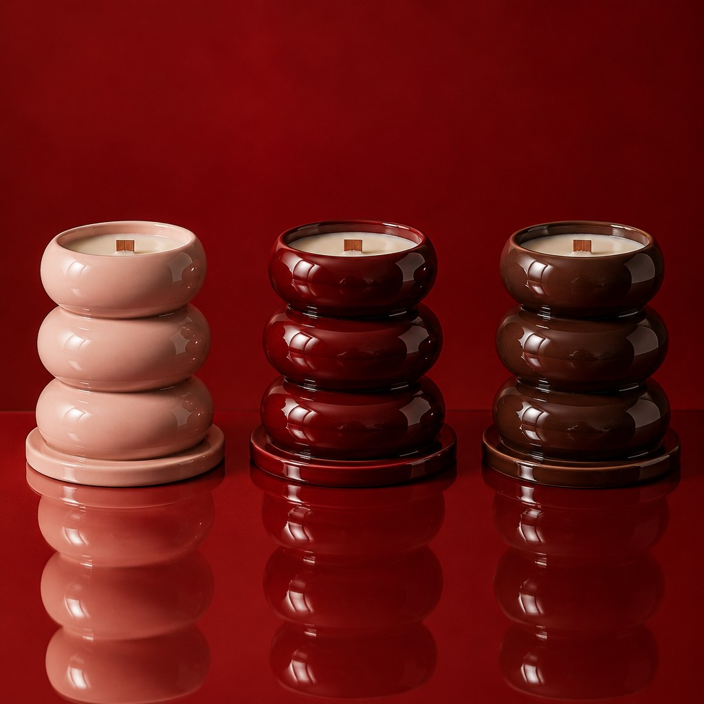 Luxury editorial product photography of three sculptural candles made from glossy glazed ceramic, each candle formed from three rounded stacked pebble-like tiers on a circular ceramic base. One candle in soft blush pink, one in deep burgundy, and one in dark espresso brown. Natural ivory wax and short wooden wicks. Dramatic saturated crimson-red seamless backdrop, matching reflective red tabletop, beautiful mirror reflections beneath each candle, soft directional studio lighting, luminous highlights on the glaze, subtle film grain, sophisticated art direction, symmetrical composition, photorealistic, premium niche fragrance brand campaign, wide horizontal 4:3 composition. No extra objects, no packaging, no text, no watermark.