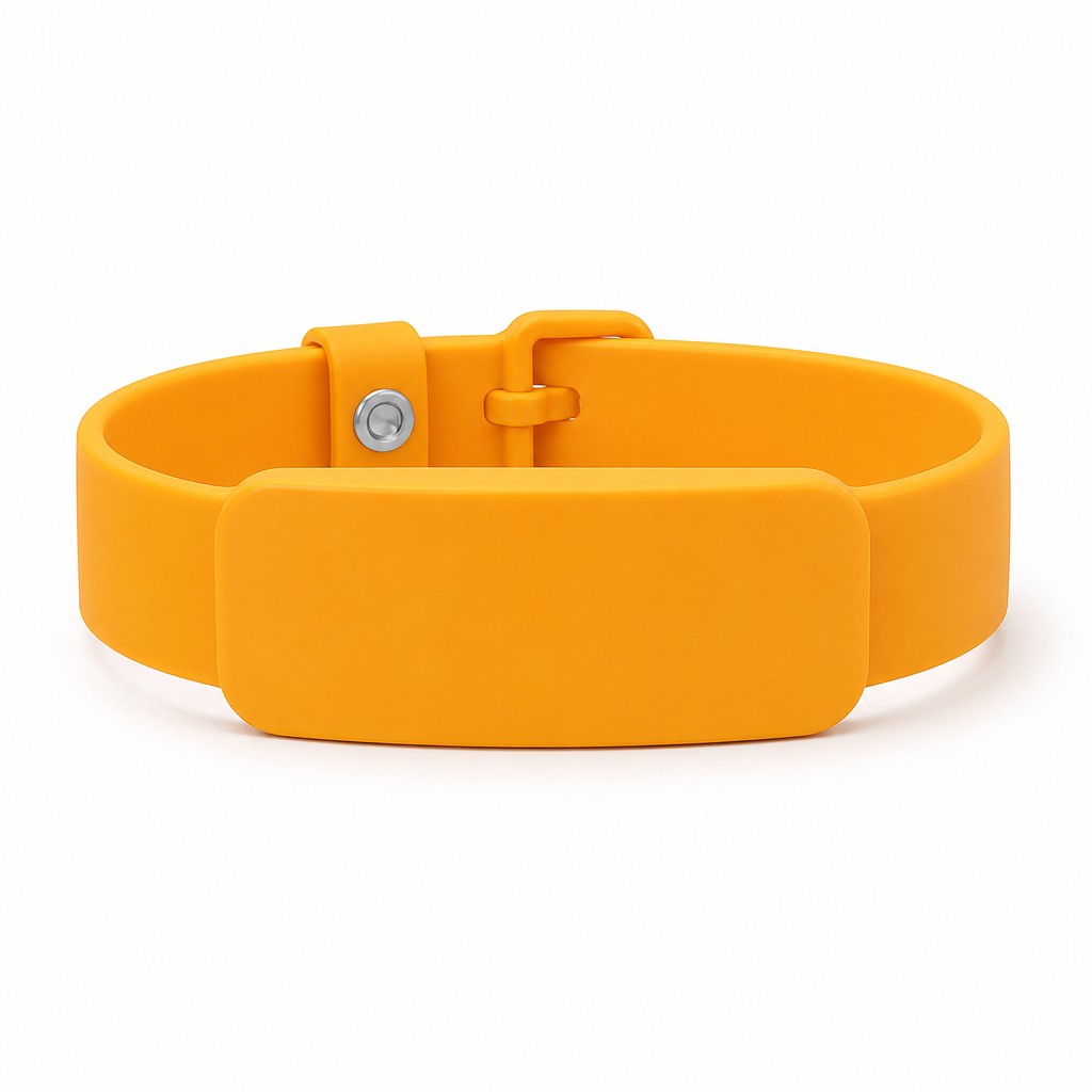 Create a photorealistic 3D product mockup of the exact same silicone wristband shown in the reference image. Preserve the identical wristband construction, shape, proportions, thickness, curved oval/circular form, snap-button closure, buckle structure, central rectangular rounded-rectangle panel, and viewing angle. The wristband should be bright orange/yellow silicone with a smooth matte finish. Keep the front central panel clearly visible and facing the camera. Maintain the same white background, soft studio lighting, realistic shadows, subtle silicone texture, natural highlights, and premium commercial product-photography appearance. The wristband must remain empty/blank so I can apply my own artwork/design onto the central front area. Do not redesign, reshape, stretch, add holes, change the buckle, or alter the proportions. Match the reference image as closely as possible. High-resolution, realistic 3D render, clean isolated product shot, professional e-commerce mockup.