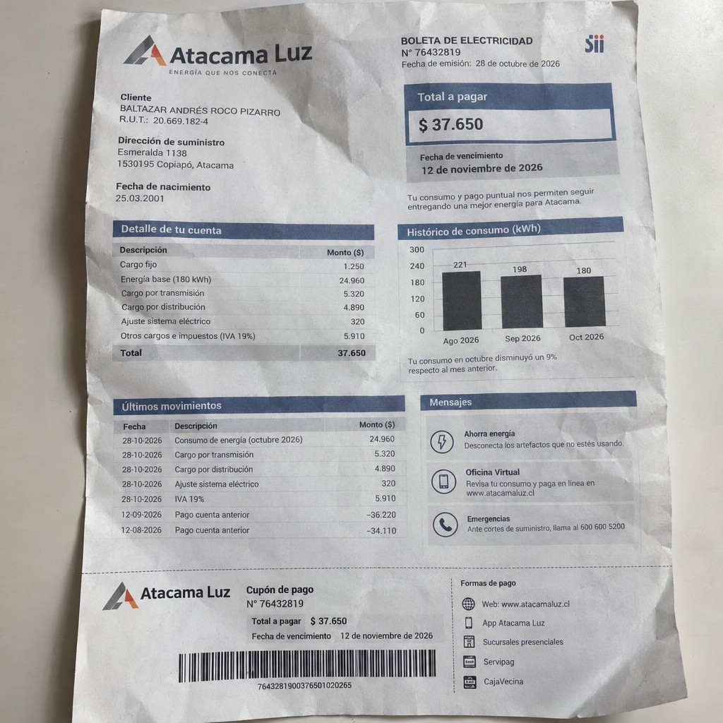 Create a statement, an electricity bill in CHILE. The A4 statement should be realistic, as if it were photographed on a phone. The document should be on a white background. The document must be for the last 3 months of October 2026. The document should contain several transactions and be wrinkled at the edges.
Name BALTAZAR ANDRÉS ROCO PIZARRO
Address Esmeralda 1138, 1530195 Copiapó, Atacama
R.U.T. 20669182-4
Date of birth 25.03.2001