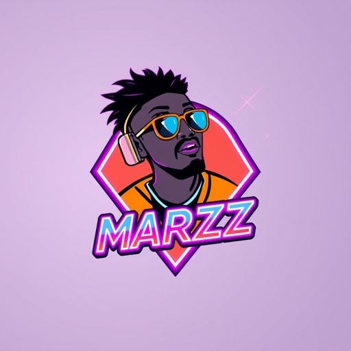 mockup design, Design a vibrant 90's-inspired logo for the singer Marzz, incorporating bold, neon colors and playful geometric shapes. Integrate iconic 90's elements like cassette tapes and boomboxes, while emphasizing Marzz's unique style. The logo should exude nostalgia, featuring retro fonts and an energetic vibe that captures the essence of the era.