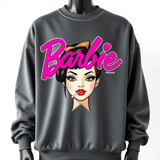 mockup design, Create a professional product mockup featuring an invisible mannequin showcasing a stylish oversized sweatshirt in faded dark gray. The soft fabric should exhibit a relaxed drape, contrasting with a bold, centered print of a rebel Barbie doll. She sports smudged eye makeup, a thin silver septum piercing, and dark brown hair adorned with a bow, a cigarette casually positioned between her lips. Above, the word "Barbie" is emblazoned in vibrant fuchsia graffiti street tag font. The backdrop remains a clean white, emphasizing the hyper-detailed textures and high-quality finish of the sweatshirt. Aim for UHD 8K resolution to capture every macro detail flawlessly.