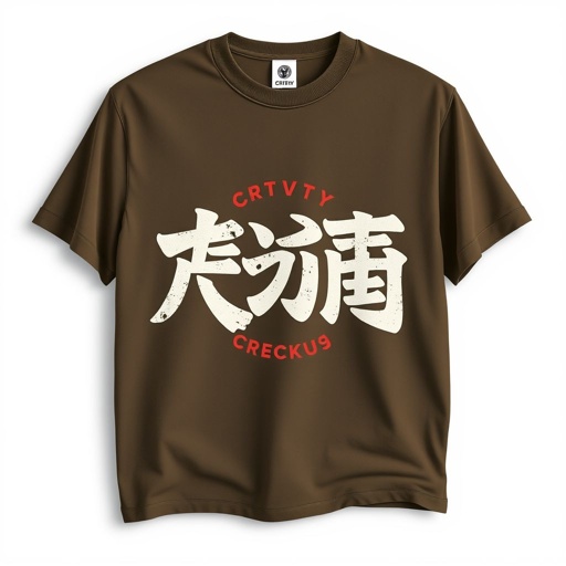mockup design, Design a stylish men's t-shirt featuring a bold CRTVTY logo artistically translated into Japanese. The shirt should have a relaxed fit with a vintage aesthetic, showcasing a distressed texture. Use a muted color palette, combining earthy tones for the fabric and logo to create a unique, urban vibe suitable for casual wear.