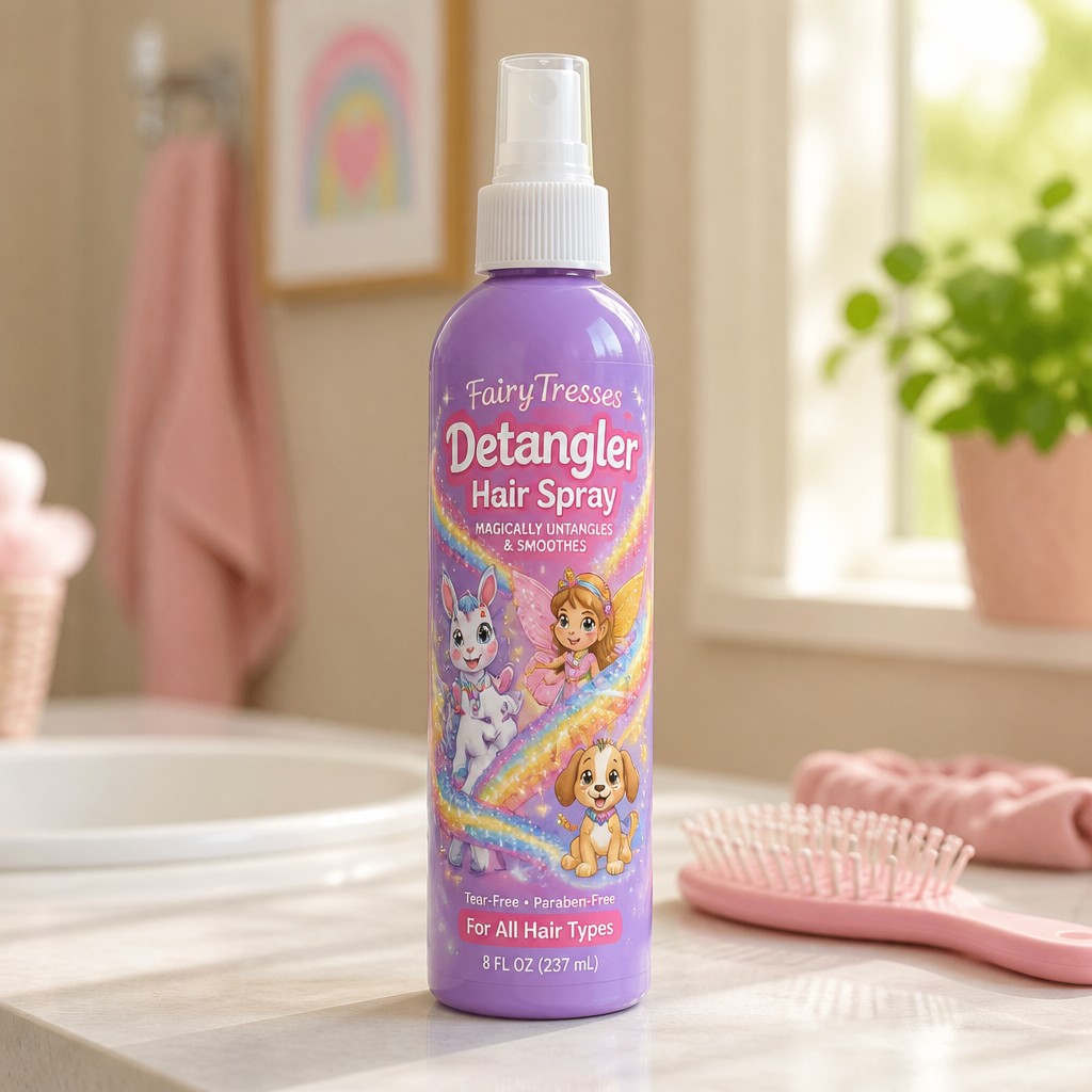 Create a realistic product mockup based on these instructions:
Create a playful and vibrant design for a kids' detangler hair spray bottle. Incorporate fun, cartoon-style characters—like dancing animals or magical fairies—surrounded by colorful, swirling streams of sparkling detangler. Use a bright color palette with pastel hues, ensuring the label is easy to read and appeals to both kids and parents.
Create a professional, photorealistic mockup scene. If the instructions mention a design,
artwork, logo, print or graphic, invent an original, fitting design and integrate it onto the
product realistically with proper perspective, lighting and material texture. Only show a clean,
undecorated product if the instructions explicitly ask for a blank or plain product.