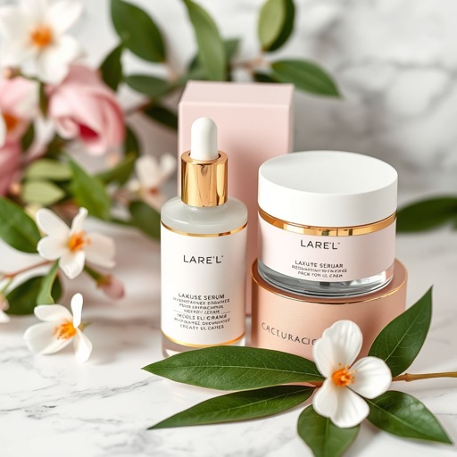 mockup design, Create a sleek mockup design for a beauty product line featuring a luxurious serum and a hydrating cream. Incorporate elegant, minimalistic packaging in soft pastel colors, adorned with gold accents. The scene should include natural elements like flowers and leaves, emphasizing freshness and sustainability, set against a marble countertop background.