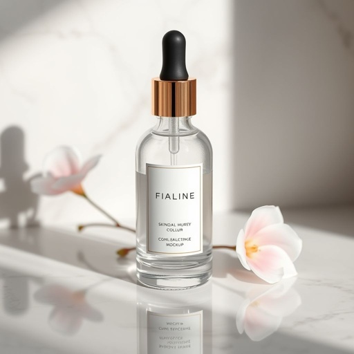 mockup design, Design a luxurious beauty product mockup featuring an elegant glass bottle with a minimalist label. Include soft pastel colors and subtle floral accents, set against a marble countertop. Incorporate a stylish dropper or pump design, and highlight reflection and shadow effects to emphasize sophistication and appeal for high-end skincare line.