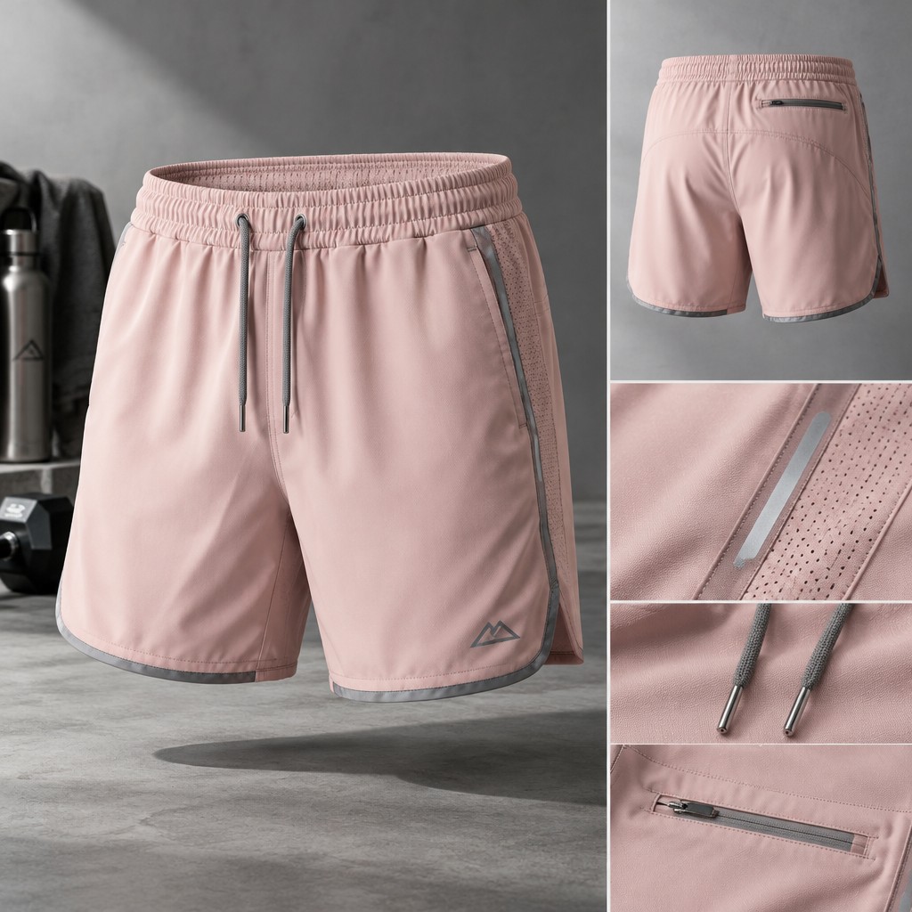 Create a realistic product mockup based on these instructions:
Design a football shorts mockup featuring a soft blush pink hue that's stylish yet understated, complemented by subtle grey accents. The design should showcase breathable fabric textures, a modern cut, and minimalist branding. Additionally, include a sleek back pocket and reflective detailing for a sporty, elegant look suitable for different athletic settings.
Create a professional, photorealistic mockup scene. If the instructions mention a design,
artwork, logo, print or graphic, invent an original, fitting design and integrate it onto the
product realistically with proper perspective, lighting and material texture. Only show a clean,
undecorated product if the instructions explicitly ask for a blank or plain product.