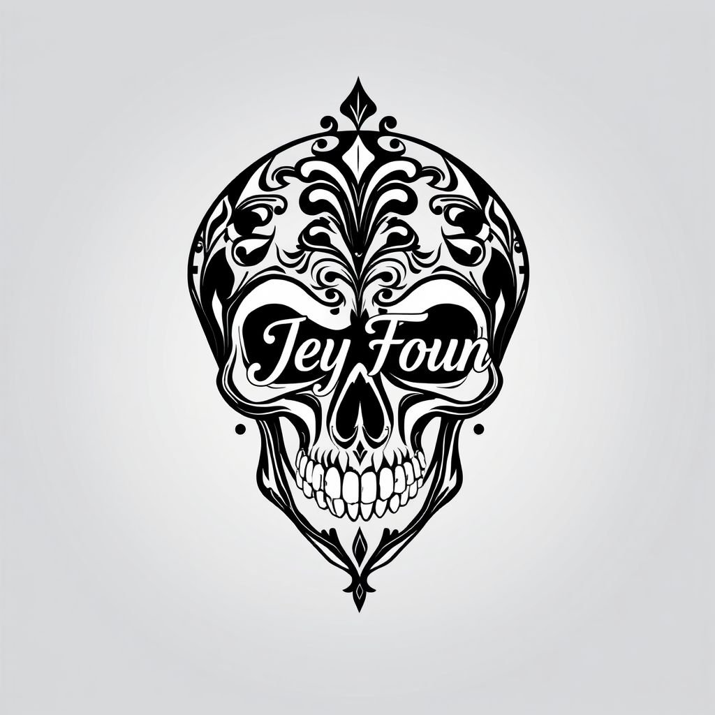 mockup design, Erstelle ein detailliertes Grafikdesign eines kunstvollen Totenkopfmotivs, das elegant in Schwarz und Weiß gehalten ist. Der Totenkopf sollte mit filigranen Ornamenten verziert sein, während die Aufschrift „Jey Foun“ in geschwungener, moderner Schriftart prominent auf der Stirn platziert ist. Füge subtile Schatteneffekte hinzu, um Tiefe zu erzeugen.