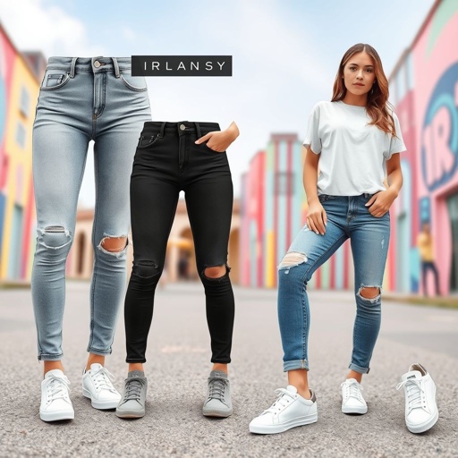 mockup design, Design a stylish mockup of a trendy pair of jeans featuring a high-waisted cut and distressed detailing. Include variations such as light wash, dark wash, and black denim. Showcase the jeans paired with a casual white t-shirt and sneakers against a vibrant urban backdrop for a youthful, relaxed vibe.