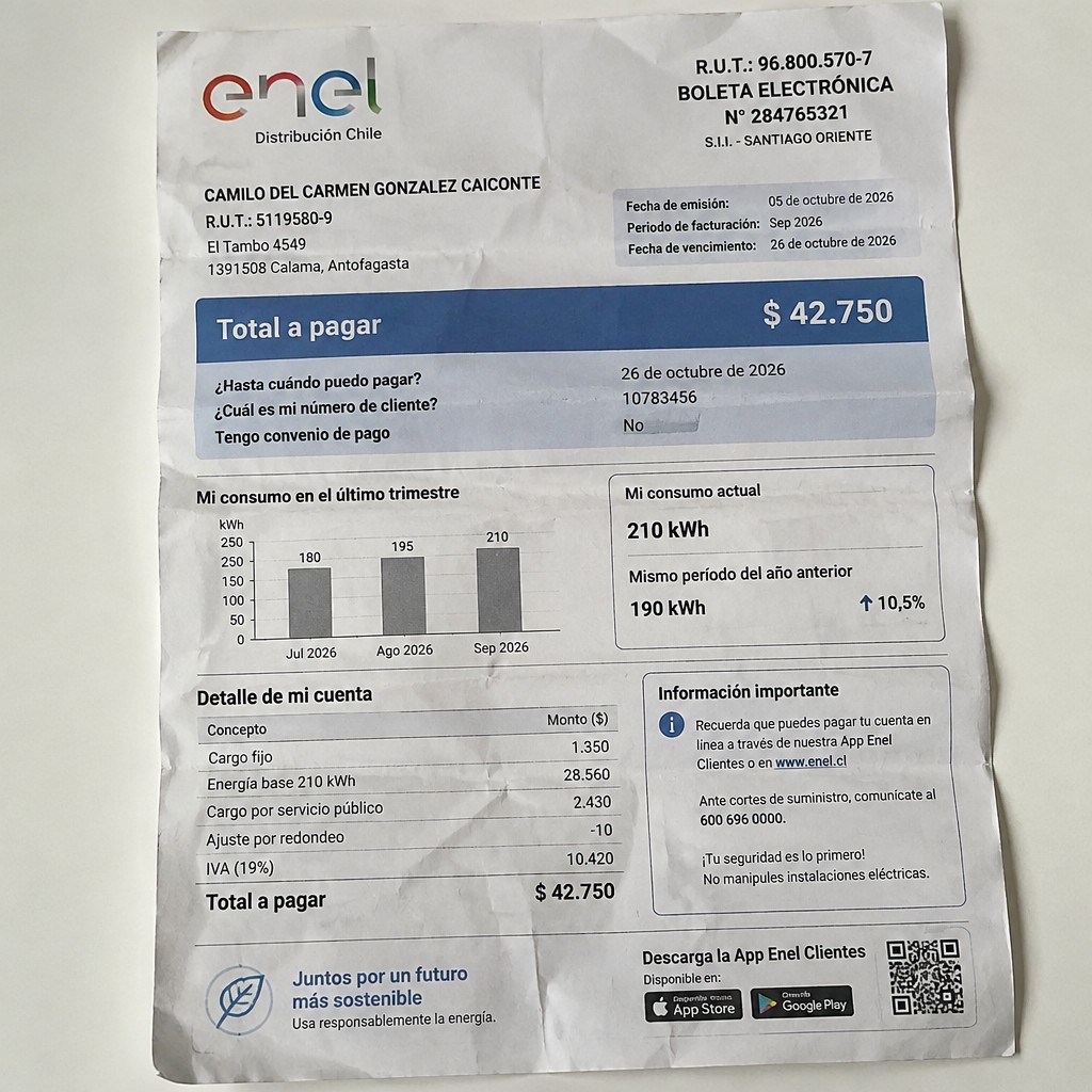 Create a statement, an electricity bill in CHILE. The A4 statement should be realistic, as if it were photographed on a phone. The document should be on a white background. The document must be for the last 3 months of October 2026. The document should contain several transactions and be wrinkled at the edges.
Name CAMILO DEL CARMEN GONZALEZ CAICONTE
Address El Tambo 4549, 1391508 Calama, Antofagasta
R.U.T. 5119580-9
Date of birth 17.07.1950