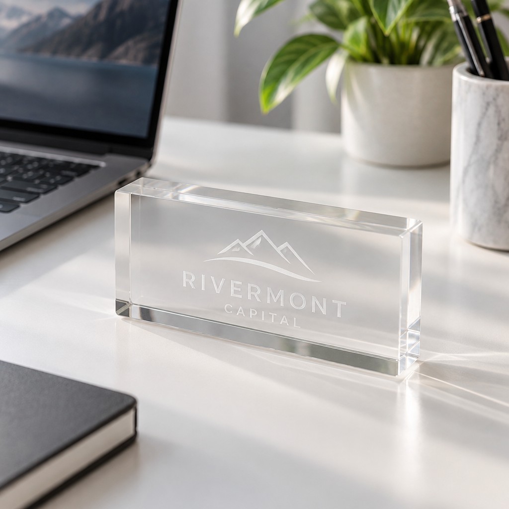 A clear acrylic nameplate featuring a tasteful sample brand design etched into the block, standing on a white desk beside a laptop, bright soft studio lighting, close three-quarter angle, no watermarks, no text overlays