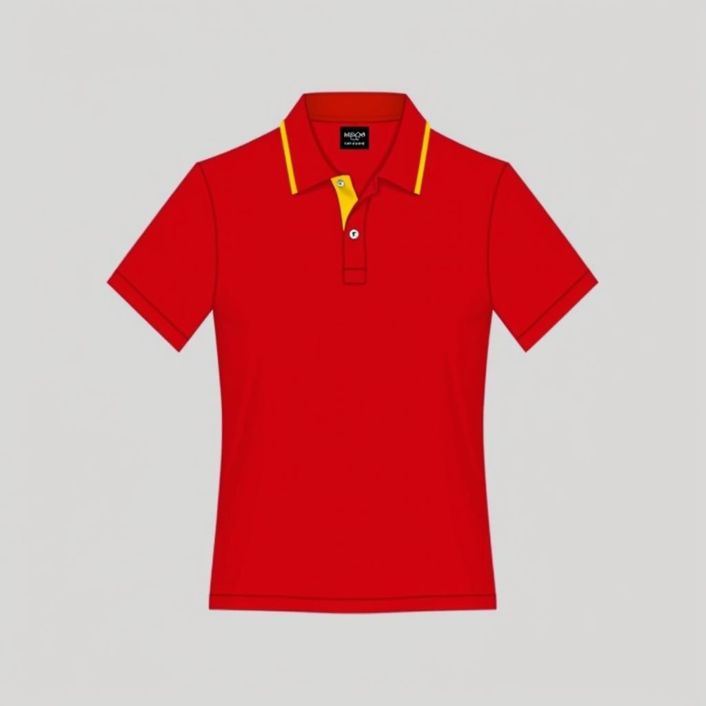 mockup design, Design a sleek polo shirt featuring a 2.5-inch collar in a vibrant red fabric. Accentuate the collar with elegant gold or eye-catching yellow trim for a stylish contrast. The shirt should have a modern fit, short sleeves, and a subtly embroidered logo on the chest, perfect for casual outings or sporty events.