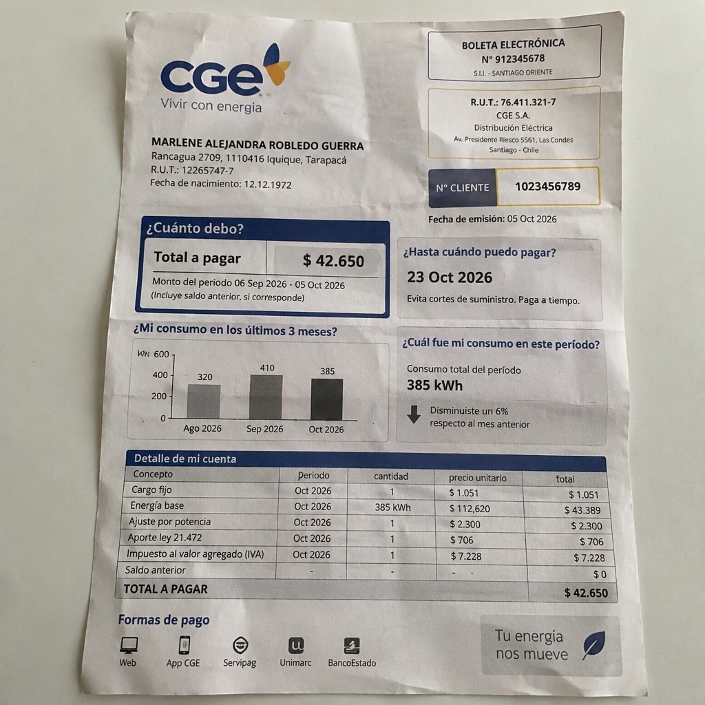 Create a statement, an electricity bill in CHILE. The A4 statement should be realistic, as if it were photographed on a phone. The document should be on a white background. The document must be for the last 3 months of October 2026. The document should contain several transactions and be wrinkled at the edges.
Name MARLENE ALEJANDRA ROBLEDO GUERRA
Address Rancagua 2709, 1110416 Iquique, Tarapacá
R.U.T. 12265747-7
Date of birth 12.12.1972