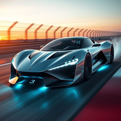 mockup design, Design a sleek hypercar that embodies cutting-edge technology and futuristic aesthetics. Incorporate aerodynamic curves, a bold grille, and innovative LED lighting. The car should showcase an electric powertrain with a minimalist interior featuring high-tech displays. Surround the vehicle with a dynamic racing environment, emphasizing speed and performance at sunset.