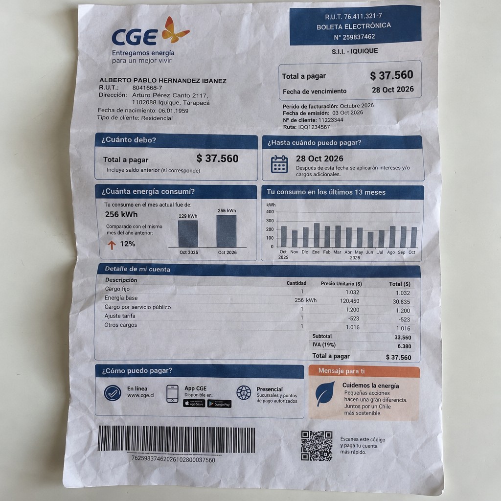 Create a statement, an electricity bill in CHILE. The A4 statement should be realistic, as if it were photographed on a phone. The document should be on a white background. The document must be for the last 3 months of October 2026. The document should contain several transactions and be wrinkled at the edges.
Name ALBERTO PABLO HERNANDEZ IBANEZ
Address Arturo Pérez Canto 2117, 1102088 Iquique, Tarapacá
R.U.T. 8041668-7
Date of birth 06.01.1959