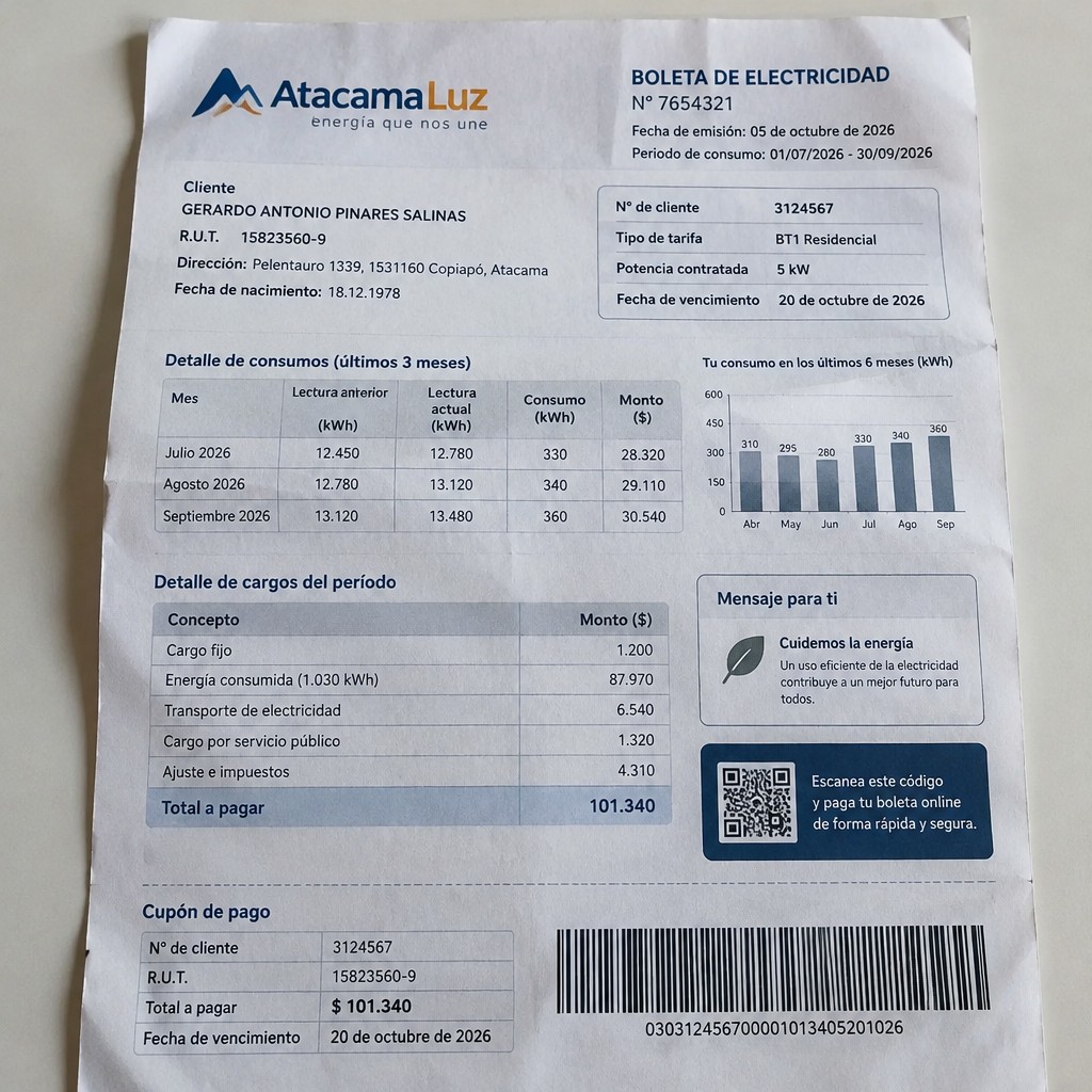 Create a statement, an electricity bill in CHILE. The A4 statement should be realistic, as if it were photographed on a phone. The document should be on a white background. The document must be for the last 3 months of October 2026. The document should contain several transactions and be wrinkled at the edges.
Name GERARDO ANTONIO PINARES SALINAS
Address Pelentauro 1339, 1531160 Copiapó, Atacama
R.U.T. 15823560-9
Date of birth 18.12.1978