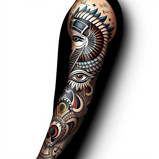 mockup design, Create a stunning mockup design of an Egyptian tattoo sleeve featuring intricate hieroglyphics, mythological gods like Anubis and Osiris, and iconic symbols such as the Eye of Horus. Incorporate elements like scarabs and pyramids, blending traditional black ink with vibrant colors to enhance the rich cultural heritage and mystique of ancient Egypt.