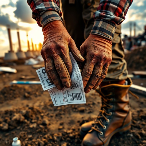 Mockup of a dirt-covered jobsite, rugged hands holding a crumpled paycheck, stained and calloused skin, durable work gloves, faded plaid shirt dusted with grime, heavy-duty boots, vibrant sunlight filtering through scattered clouds, industrial structures in the background, scattered tools and materials, earthy browns and greens contrasting the urban landscape.