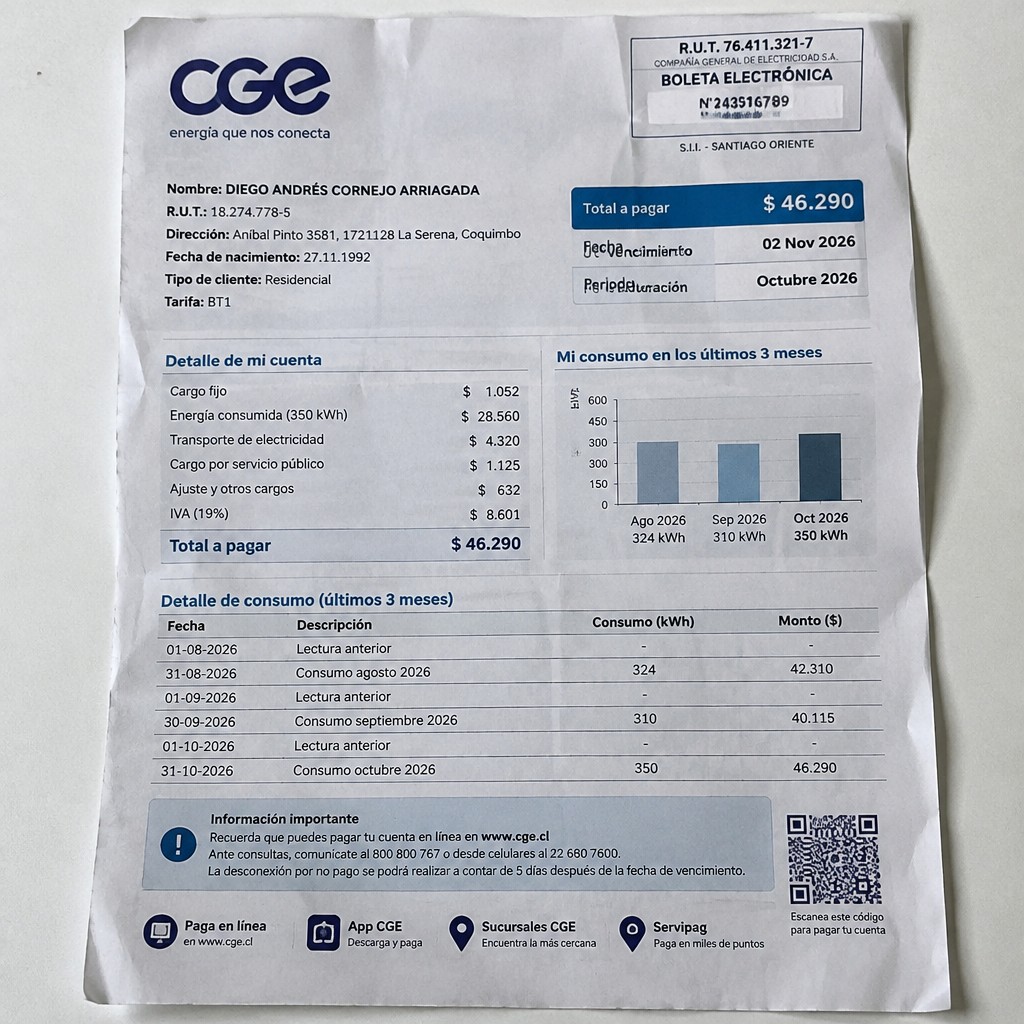 Create a statement, an electricity bill in CHILE. The A4 statement should be realistic, as if it were photographed on a phone. The document should be on a white background. The document must be for the last 3 months of October 2026. The document should contain several transactions and be wrinkled at the edges.
Name DIEGO ANDRÉS CORNEJO ARRIAGADA
Address Aníbal Pinto 3581, 1721128 La Serena, Coquimbo
R.U.T. 18274778-5
Date of birth 27.11.1992