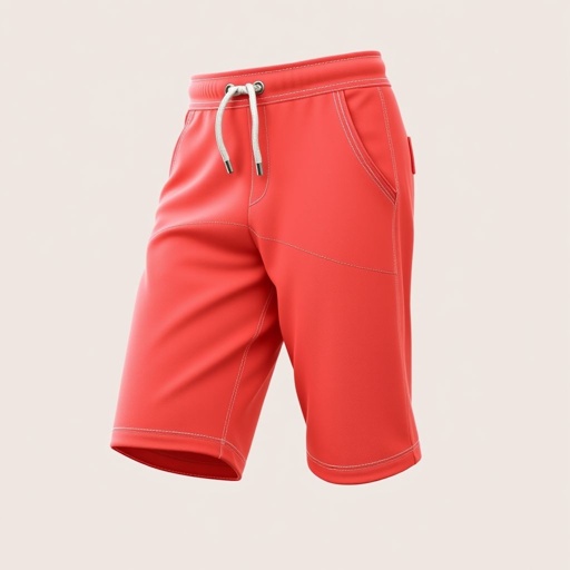 mockup design, Design a cozy pair of fleece shorts featuring a modern, relaxed fit. Showcase them in a vibrant coral color, accented with white stitching and a sporty drawstring. Include practical side pockets and branding on the hip. Use a soft, inviting texture to evoke comfort, perfect for lounging or casual outings.