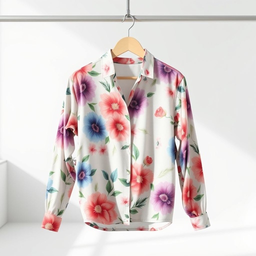 mockup design, Create a mockup design featuring a stylish long sleeve shirt with a relaxed fit. The fabric should appear soft and breathable, showcasing a vibrant floral pattern against a light background. Include options for various colors, with a focus on pastel shades. Display the shirt on a minimalist hanger in a bright, airy setting.