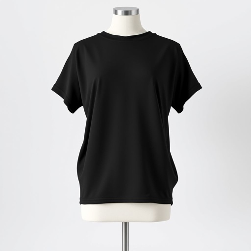 mockup design, Create a mockup of a drop shoulder t-shirt in a solid black color. The t-shirt should have a relaxed fit, showcasing its wide neckline and soft fabric texture. Display it on a minimalistic mannequin against a neutral backdrop, highlighting its versatility for casual and streetwear styles. Add subtle shadowing for depth.