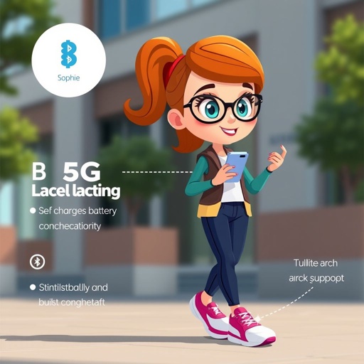 mockup design, Create a vibrant cartoon character named Sophie, showcasing her stylish smart shoes equipped with 5G Bluetooth connectivity. Emphasize the futuristic design featuring sleek lines and modern colors. Highlight the self-charging battery and built-in arch support. Place Sophie in an urban setting, confidently walking while interacting with her smart devices.