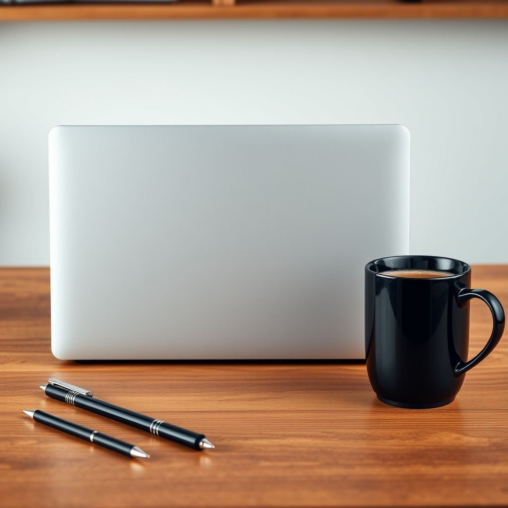 mockup design, Create a cozy workspace mockup featuring a sleek gray laptop positioned backwards, showcasing its minimalist design. Surround it with four stylish black pens haphazardly scattered on a wooden countertop. To the right corner, place an elegant black mug filled with steaming coffee, enhancing the inviting atmosphere of productivity and creativity.