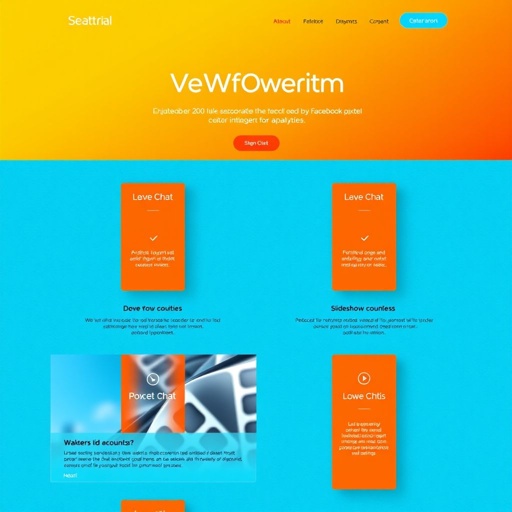 A sleek, multi-page web layout showcasing vibrant color schemes of electric blues and lively oranges. Modern typography in bold, contrasting fonts. Textured backgrounds add visual depth. Live chat boxes pop against the backdrop, inviting interaction. Slideshow widgets display dynamic content. Perfectly responsive design tailored for startups, enhanced by Facebook pixel integration for analytics.