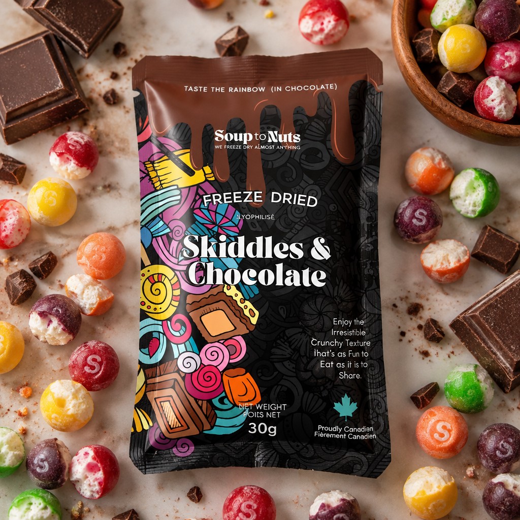 A photorealistic food packaging mock up. it is not a stand up pouch it is sealed on all 4 sides just like the the second photo first pick is what the package looks like second picture is how the package shape looks, when the product is sealed into it background has freeze dried skittles and chocolate