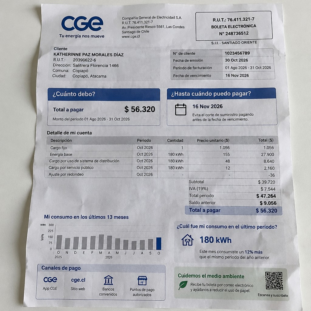 Create a statement, an electricity bill in CHILE. The A4 statement should be realistic, as if it were photographed on a phone. The document should be on a white background. The document must be for the last 3 months of October 2026. The document should contain several transactions and be wrinkled at the edges.
Name KATHERINNE PAZ MORALES DÍAZ
Address Salitrera Florencia 1466, 1532890 Copiapó, Atacama
R.U.T. 20390622-6
Date of birth 04.05.2000