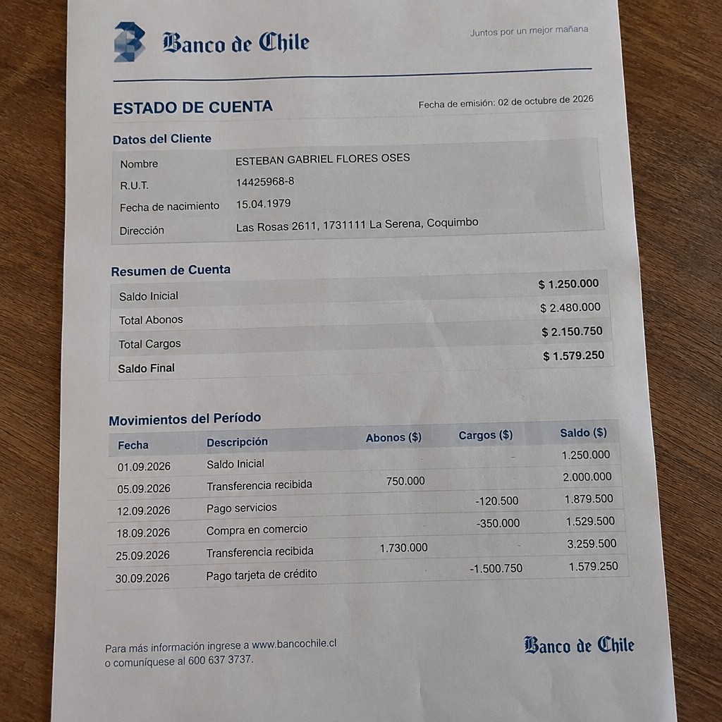 Create any statement containing the data. these can be statements such as : BANKSTATEMENT A4 format the statement should be realistic, as if it were photographed on a phone. The statement is on the same background.
Name ESTEBAN GABRIEL FLORES OSES
Address
Las Rosas 2611, 1731111 La Serena, Coquimbo
R.U.T. 14425968-8
Date of birth 15.04.1979
Date of discharge 02.10.2026 (OCTOBER 2026)