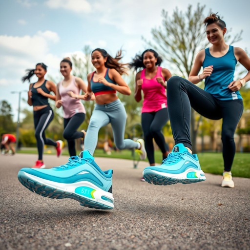 mockup design, Design a vibrant mockup of a lively group workout session featuring diverse individuals wearing cutting-edge smart shoes that display animated stats on their performance. The setting is an outdoor park with dynamic poses, showcasing the shoes’ sleek design and technology. Highlight their features, like step count and heart rate tracking, with colorful visual elements.