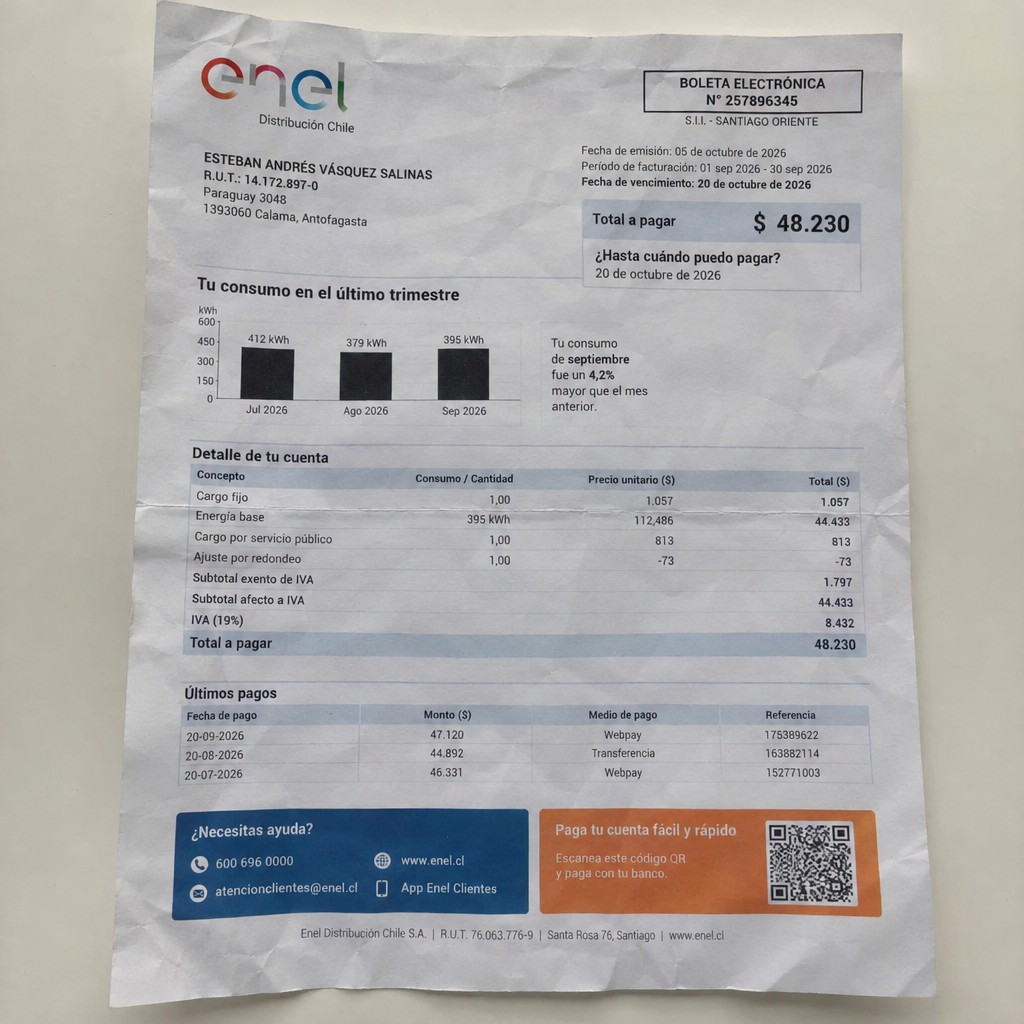 Create a statement, an electricity bill in CHILE. The A4 statement should be realistic, as if it were photographed on a phone. The document should be on a white background. The document must be for the last 3 months of October 2026. The document should contain several transactions and be wrinkled at the edges.
Name ESTEBAN ANDRÉS VÁSQUEZ SALINAS
Address Paraguay 3048, 1393060 Calama, Antofagasta
R.U.T. 14172897-0
Date of birth 17.03.1981