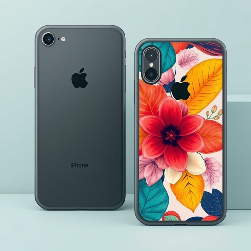 mockup design, Design a sleek, minimalist Apple phone case, featuring a subtle matte finish and an ergonomic grip. Incorporate a vibrant, artistic pattern inspired by nature, showcasing tropical leaves and flowers. Emphasize durability with shock-absorption technology while maintaining a slim profile. Include a camera cutout and precise button covers for functionality.