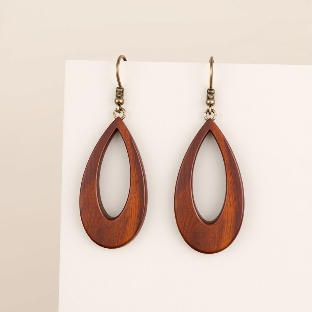 A captivating earring mockup featuring an elegant dangle style. Crafted from rich, polished wood, the earrings showcase a beautifully defined oval shape. The deep brown hue exudes warmth and sophistication, with smooth lines and intricate grain patterns enhancing their natural charm. A minimalist presentation on a soft, neutral background.