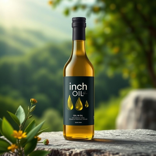 mockup design, Design a vibrant and modern mockup for "Inch Oil," a premium oil brand. Incorporate a sleek bottle with a minimalist label featuring abstract oil drips. Highlight the brand's commitment to quality through rich colors—deep greens and golds—set against a backdrop of natural landscapes, emphasizing purity and freshness.